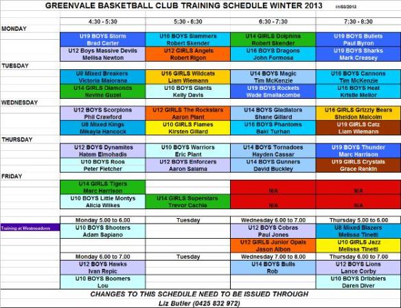 Training Schedule Winter 2013